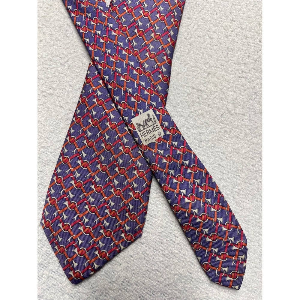 VTG Hermes Paris Mens Silk Necktie Purple Orange Equestrian Bit Pattern 7039 TA‎